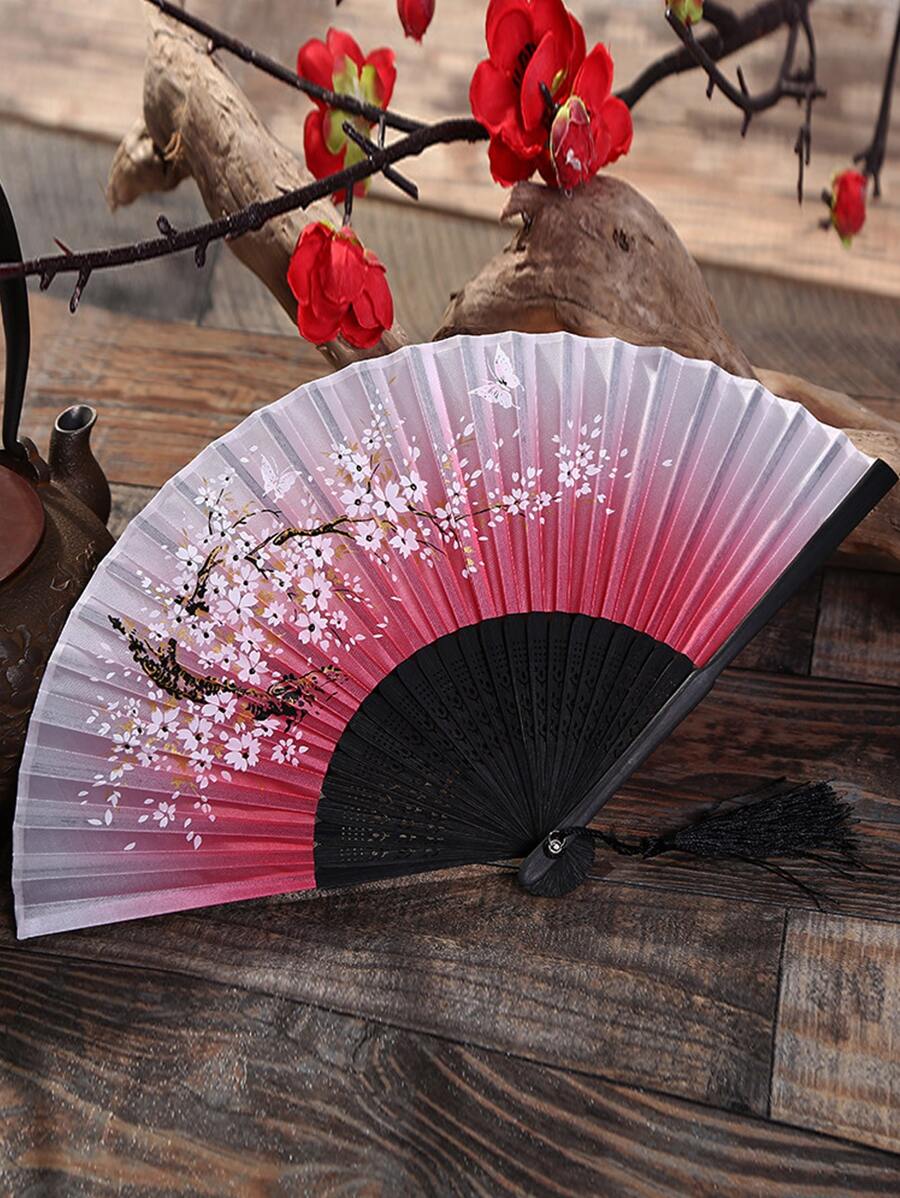 Abanico de seda plegable con decoración de flecos, accesorio tradicional chino clásico portátil para el disfraz, 1 pieza de patrón aleatorio en color rosa, mejor para regalo
