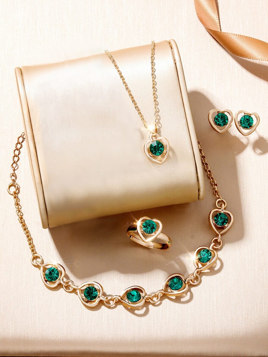 5pcs/set Heart Shaped Jewelry Set For Girls With Rhinestone Decoration