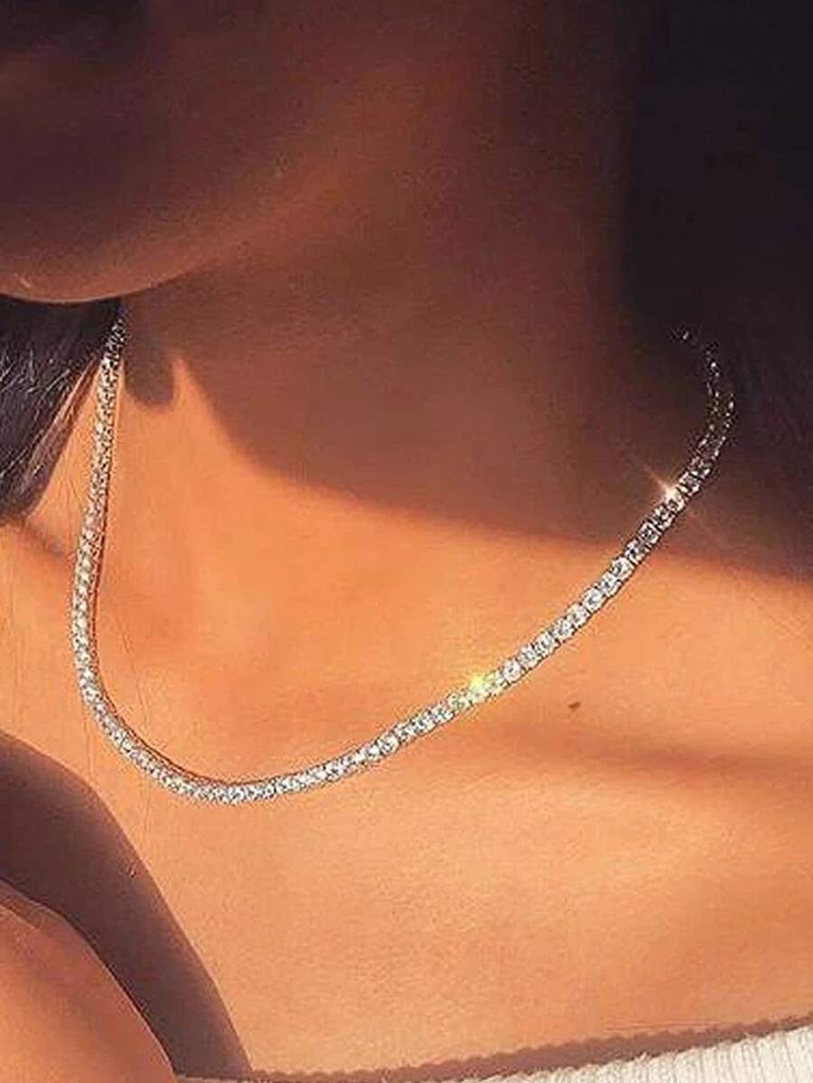 1pc Simple Iced Out Tennis Choker Necklace For Women Crystal Short Chain On Neck Hip Hop Accessories Jewelry