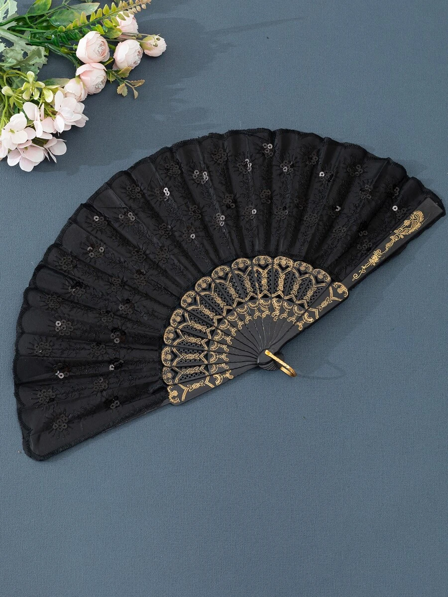1 pieza Abanico de bordado de lentejuelas para mujer de 22 cm con varillas de plástico y estampado dorado, adecuado para fiestas, compras, turismo, elegante sombrilla