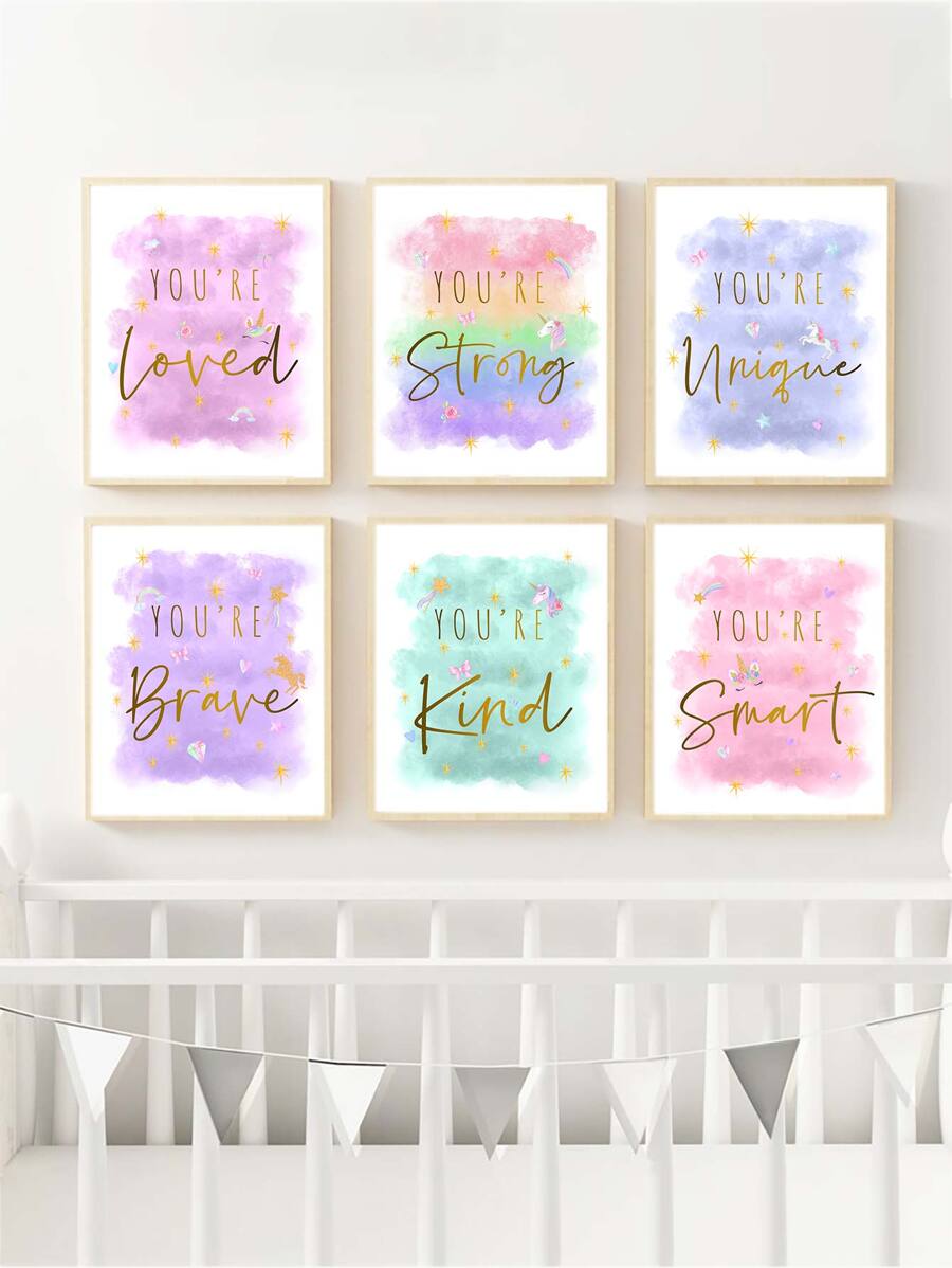 6 Pieces Unicorns Canvas Art Print Watercolor Painting Cute Wall Pictures Rainbow Poster Inspirational Quotes Brave Strong Unique Kind Smart Wall Art Painting Girls Room Decor Nursery Wall Decor Girl Unframed