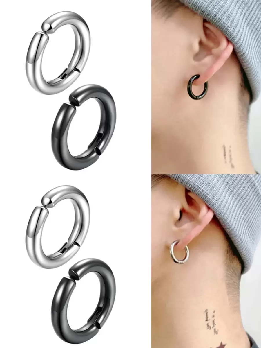 2 Pendientes de clip para hombres sin perforación oreja Clip punk de acero inoxidable Hombres Pendientes de aro moda Chicos Bisutería