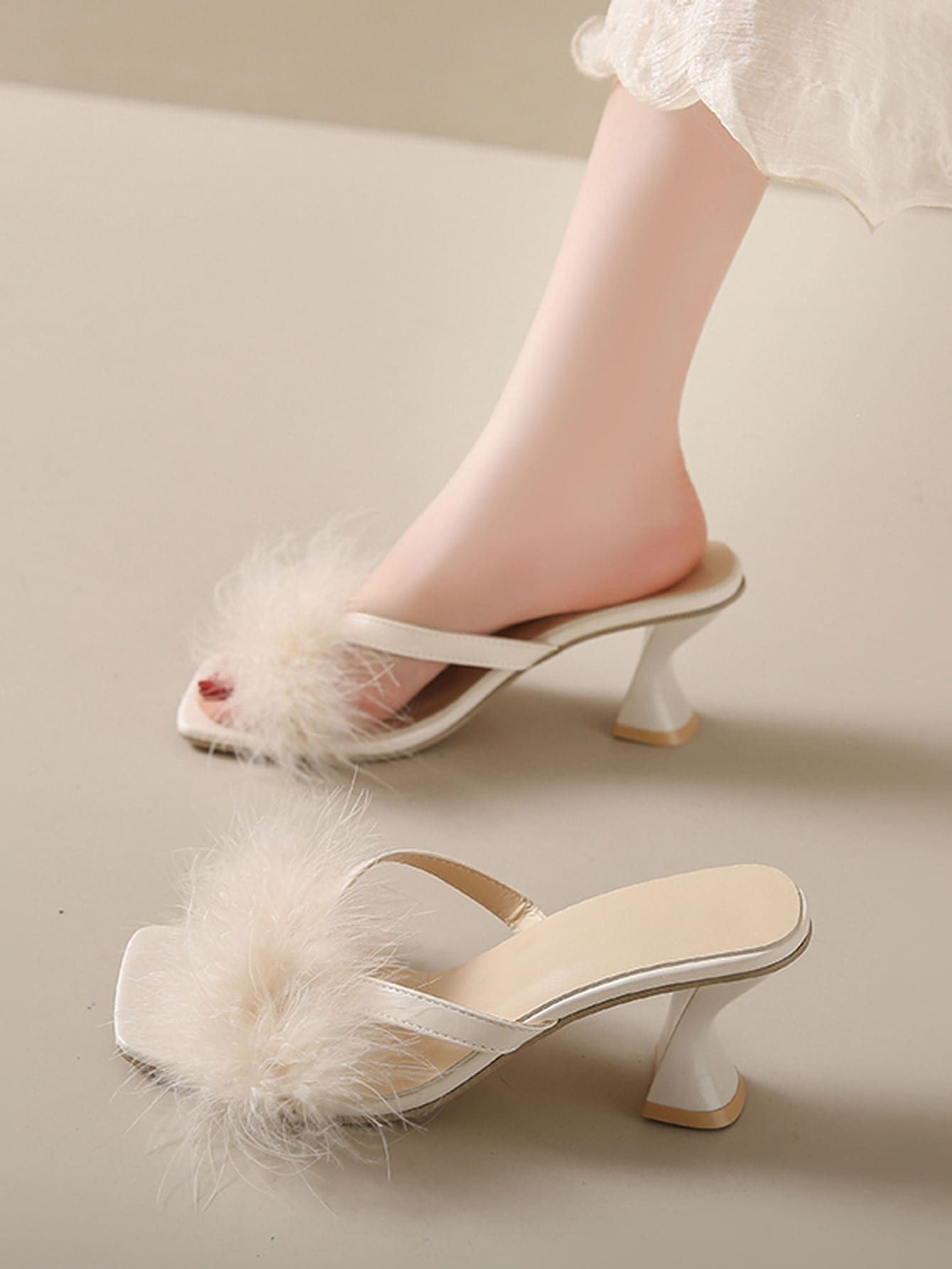 Women's High Heel Sandals, Elegant Style, Chunky Heel, Open Toe, Suitable For Daily Wear, Pair With Fur Accessories, All-match Slippers, Perfect For Summer