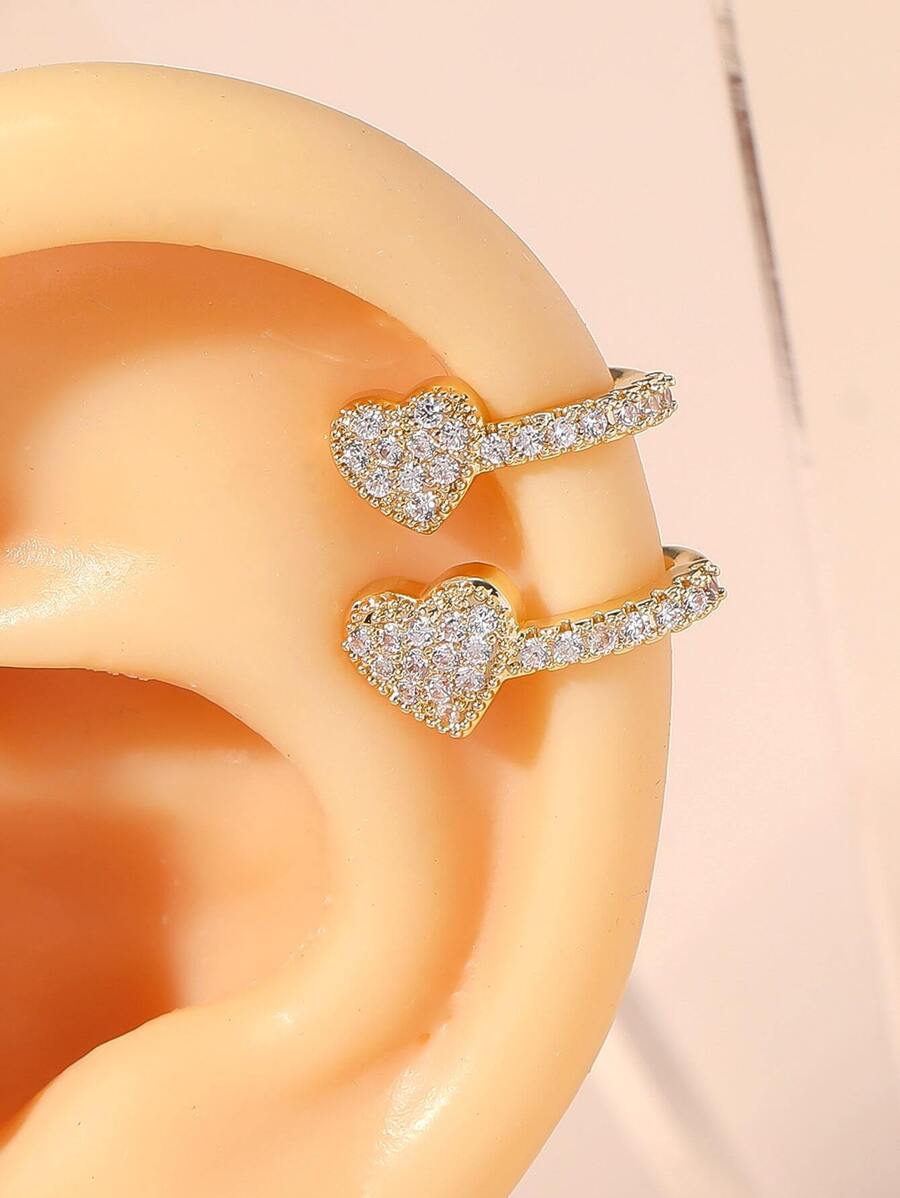 1pc Fashionable Double Zirconia Heart Design Simplistic Clip-on Earrings For Women, Copper Jewelry