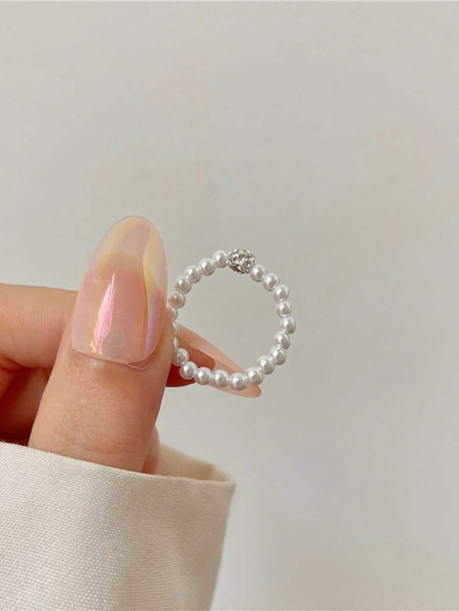 1 Pieza Anillo De Moda Vintage Lujoso Simple Con Imitación De Perlas Incrustadas Y Diamantes De Imitación
