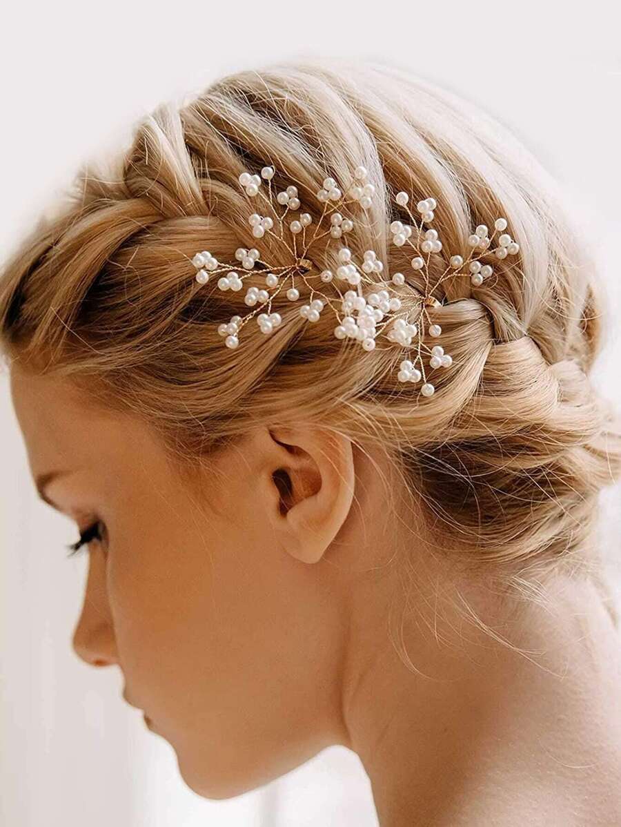2pcs/Set Handmade Faux Pearl & Rhinestone Hairpin Headpieces, Elegant Bridal Hair Accessories For Wedding/Party Halloween