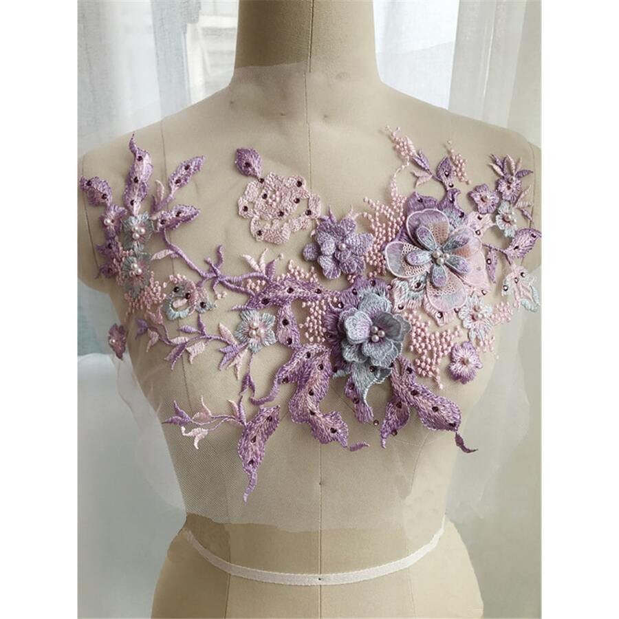 1pc 3d Beaded Rhinestone Embroidery Lace Fabric Patch, Iron-on Applique For Bridal Dress Decoration