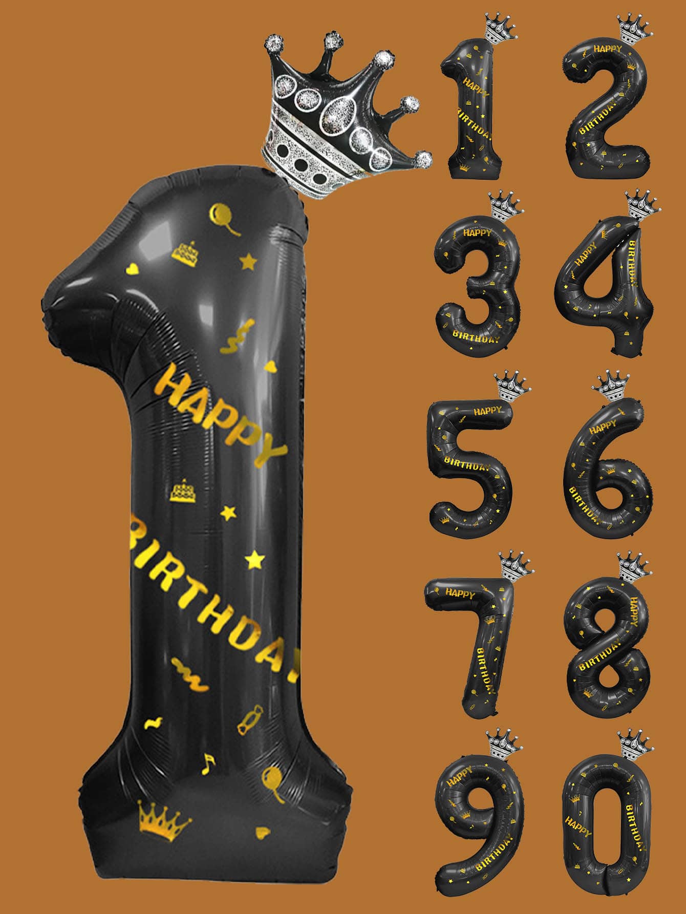 4pcs 40 Inch Black Digital Foil Balloons With Crown Pattern Sticker