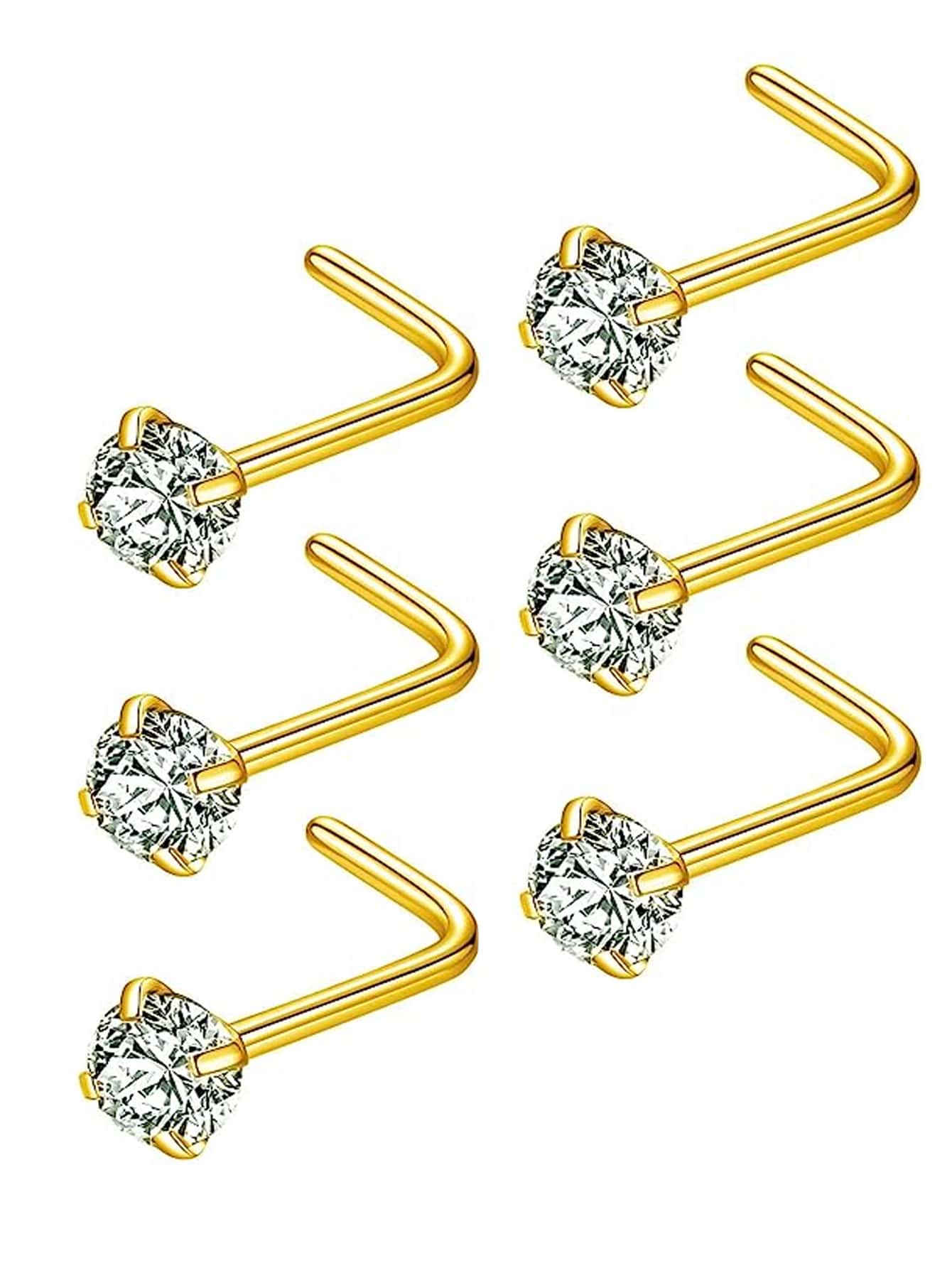 6 piezas/set de acero inoxidable Tachuelas de nariz elegante con diseño de diamante de imitación Perno nariz para mujeres & Hombres 20G en forma de L Piercing de naríz Bisutería 3MM