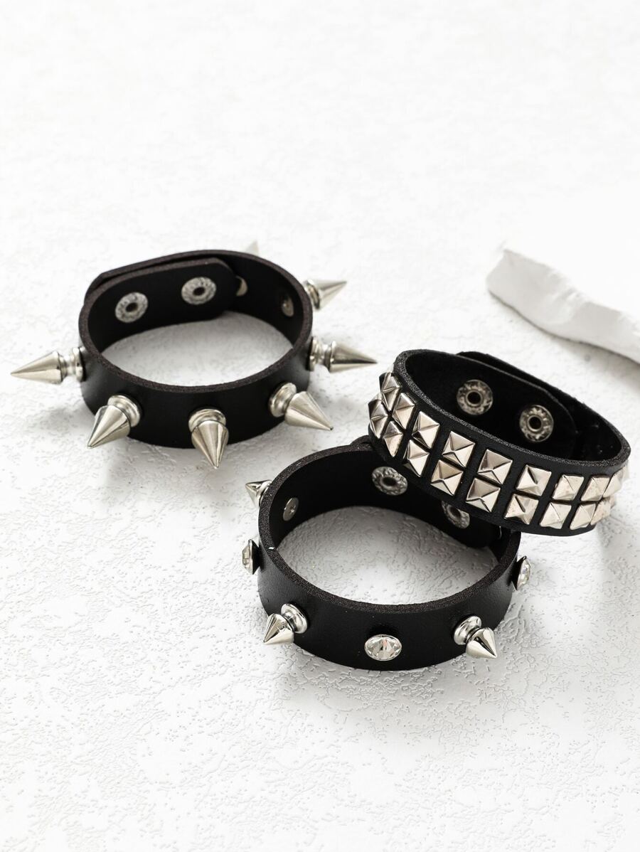 3pcs Personality Simple Punk Dark Rock Style Men's Pu Leather Bracelet, Couple Bracelet, Student Bracelet