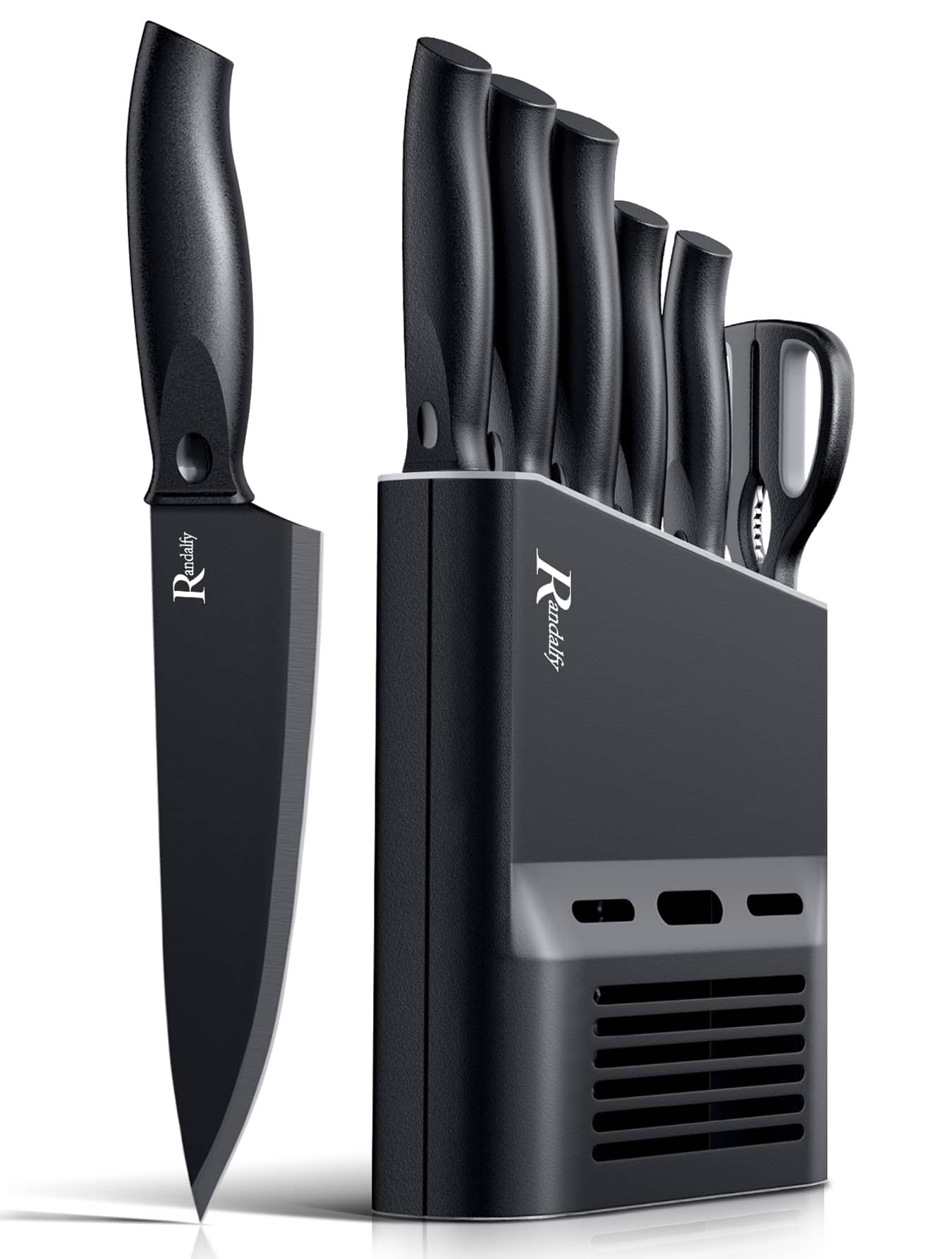 Knife Set With Knife Block Set, 7-Piece Chef's Knife Set With Knife, Scissors, Knife Block For Chopping Meat/Vegetables/Fruit, Slicing, Cutting Dice, Silver,