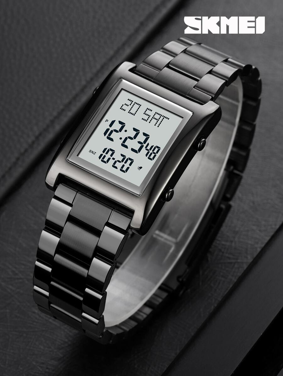 Skmei 1 pieza Reloj digital negro de acero inoxidable con tira negocio calendarios alarma impermeable cuadrado esfera, para vida diaria