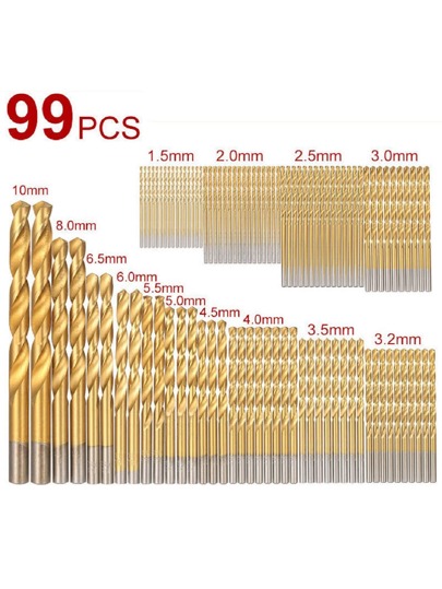 99pcs Straight Handle Fried Dough Twist Drill High Speed Steel Titanium Plated Set Hole Drill Set 1.5mm-10mm Wood Fried Dough Twist Drill,Tool Accessories