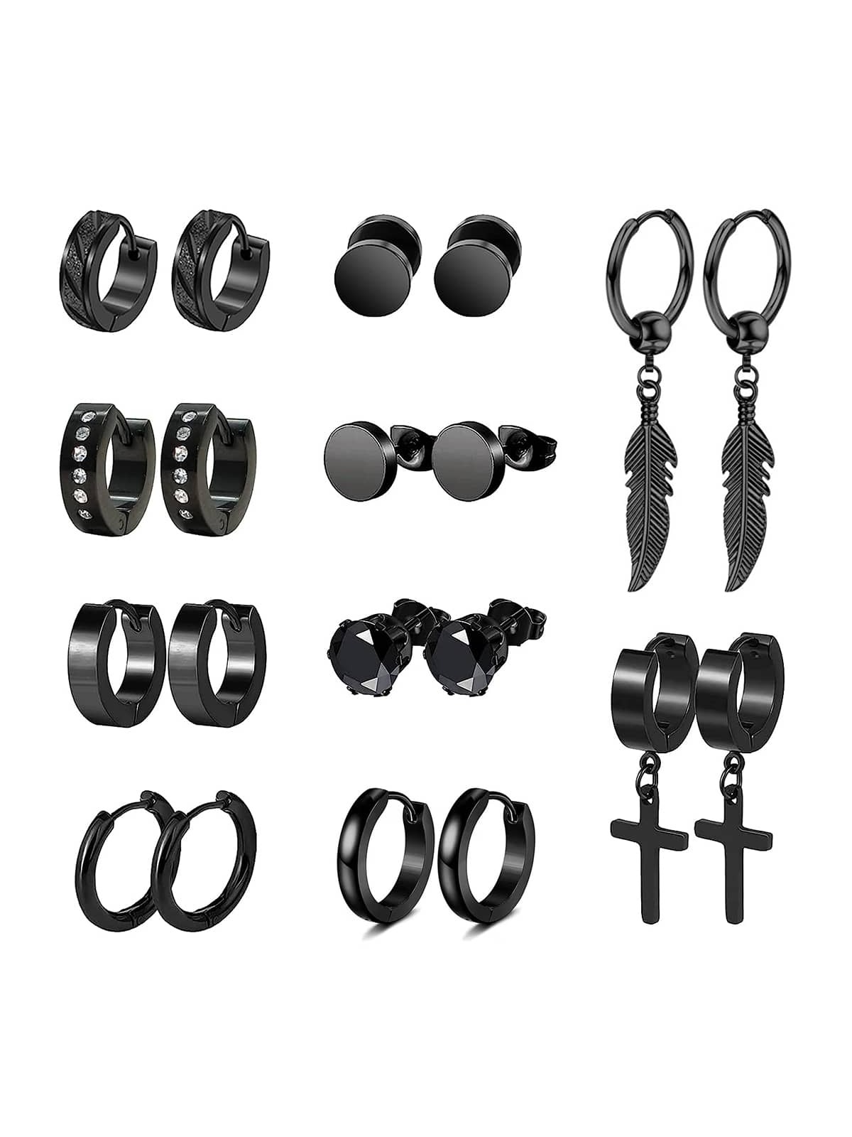 10 paia/set semplice & stile punk in acciaio inossidabile nero Orecchini circolari per uomo e donna alla moda Gioielli