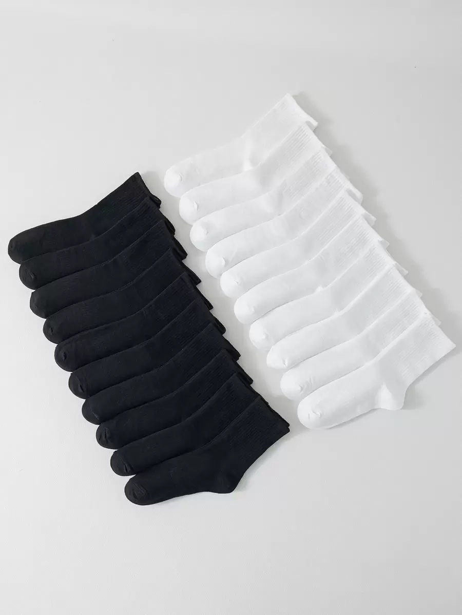 20 Pairs Black & White Two Tone Basic Women's Mid-calf Socks, Breathable & Odor Resistant