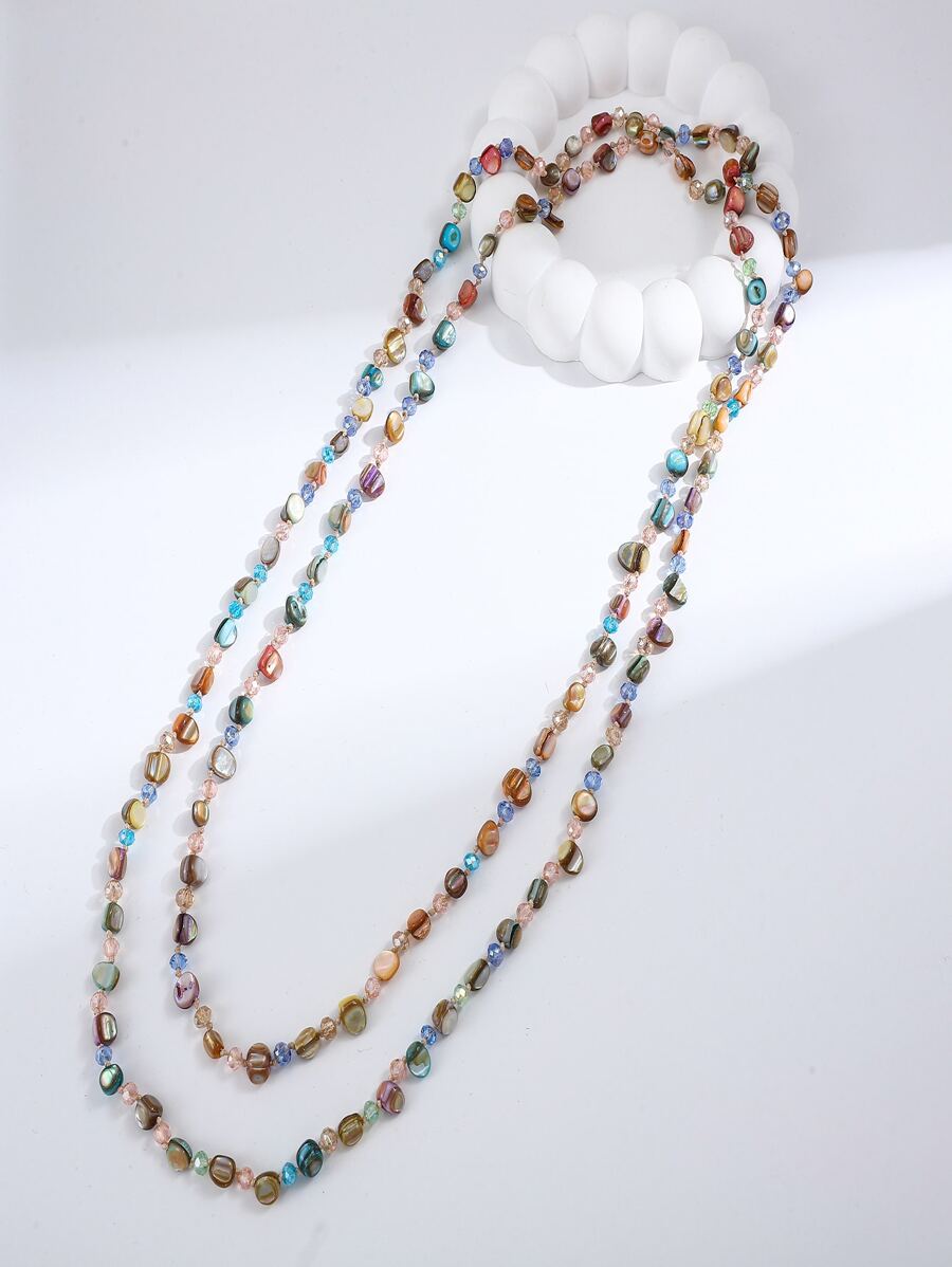 1pc 120cm Multi-layered Beaded Necklace With Synthetic Crystal And Shell For Women