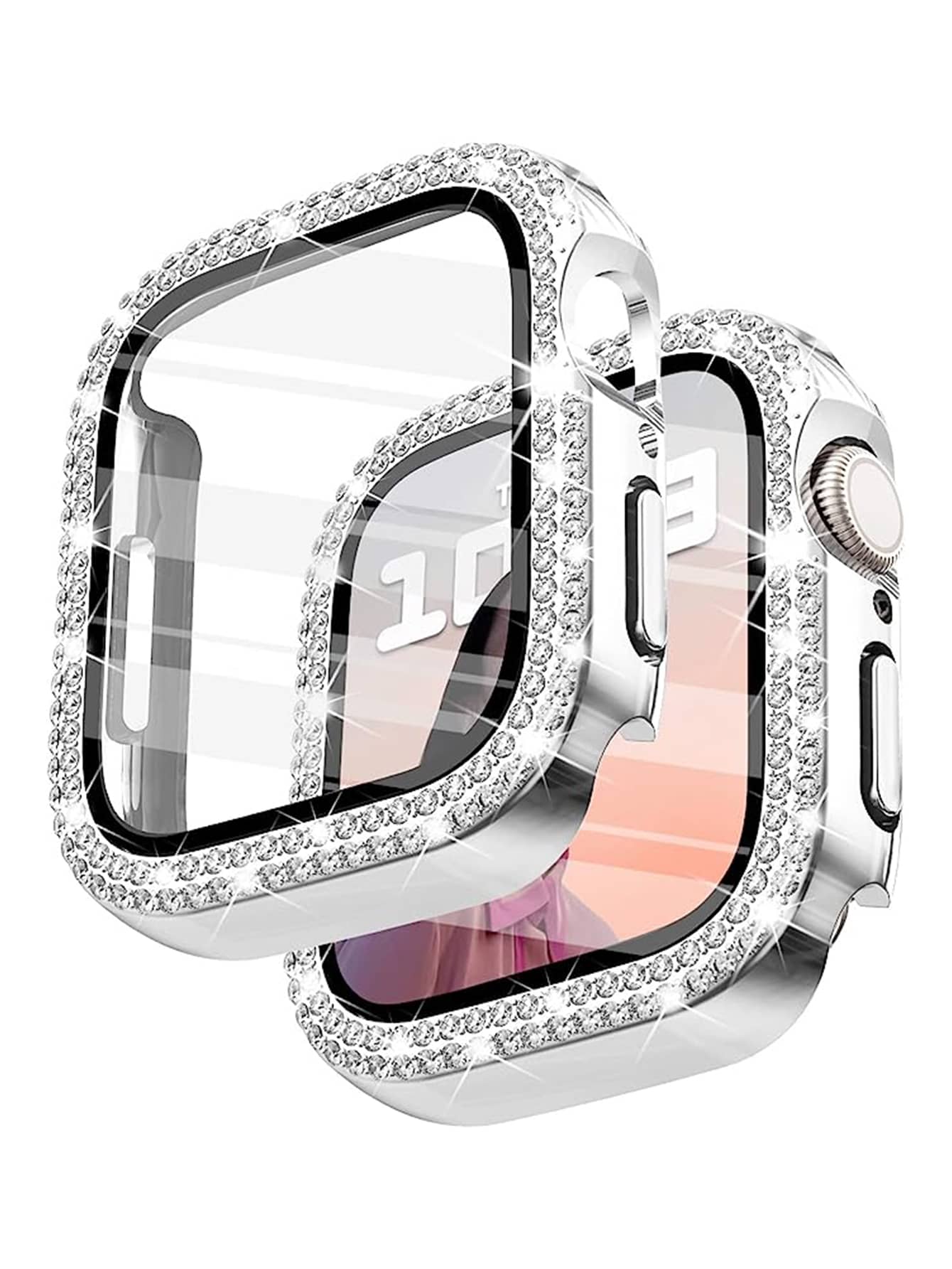 1pc Fashionable Gorgeous Double Rhinestone Pc Protection Case, Compatible With Apple Watch 38mm 40mm 41mm 42mm 44mm 45mm 49mm,Compatible With Apple Watch Series 1-9 & Se, With Tempered Glass Screen Protector, Full Coverage Ultra-thin Hard Shell Anti-collision Cover,For Women & Men