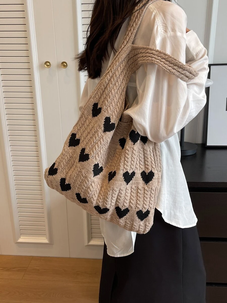 Cute Cartoon Knitted Tote Bag, Heart Print Shoulder Bag, Women's Fashion Handbag & Hobo Purse Color Block Heart Pattern Fashion Crochet Bag Valentines, Fashionable Heart Purse, Perfectly Match With Valentine Day Dress