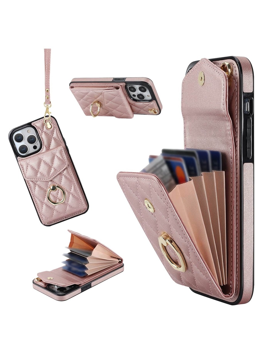 Accordion-Style Ring Mobile Phone Case With Card Slots, Attached Lanyard, Anti-Drop, Long & Short Chain