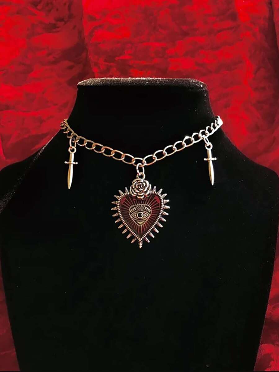 1pc Punk Vintage Heart Shaped Eye & Sword Design Pendant Necklace