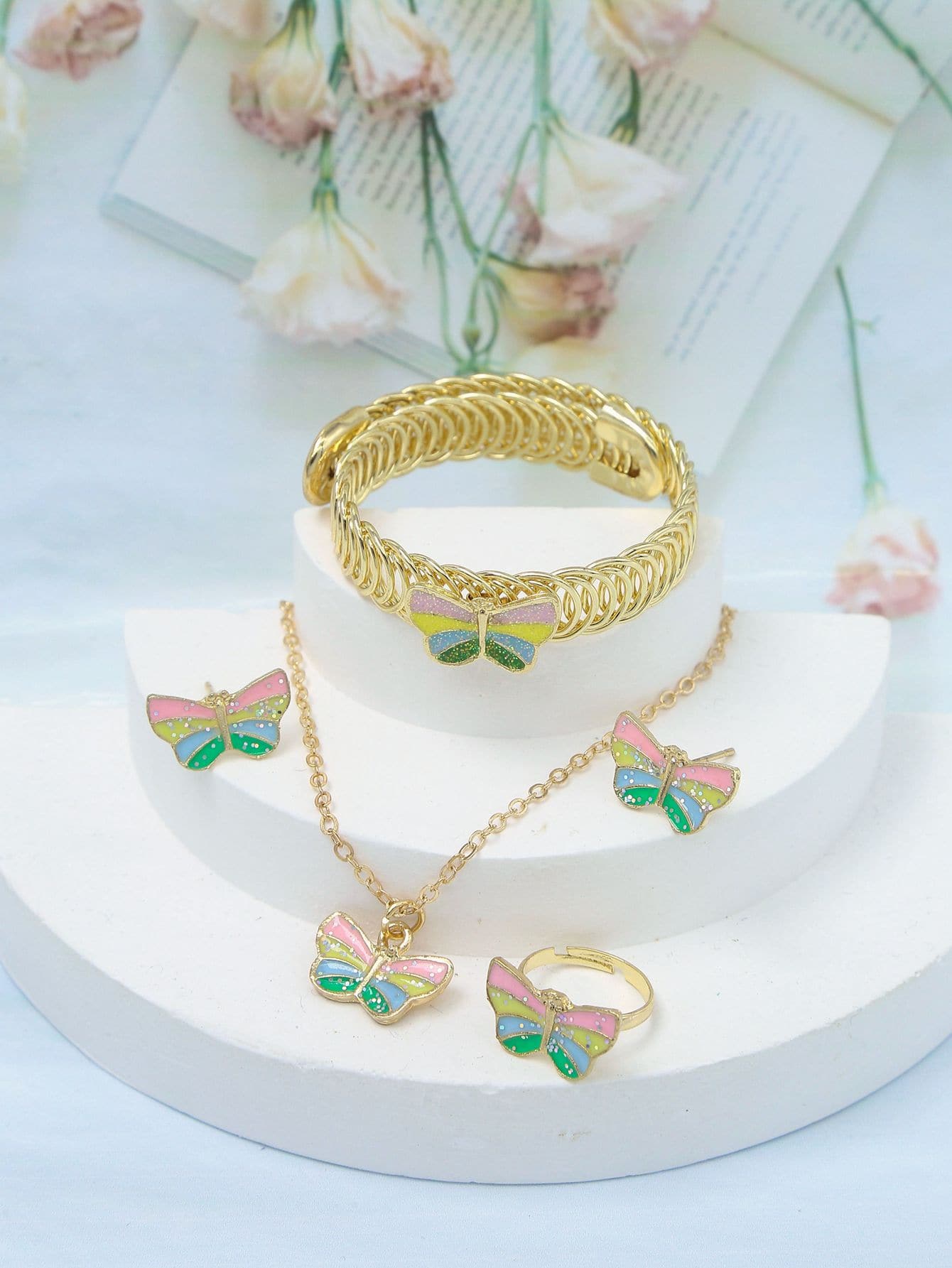 5pcs/set Cartoon Oil Drop Butterfly Shaped Alloy Necklace, Bracelet, Ring, Earrings Children's Fashion Jewelry Set For Best Friends Party Gifts