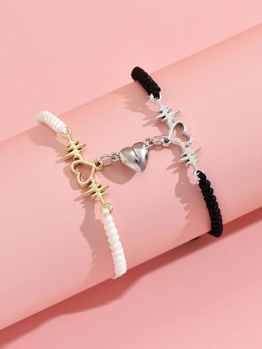 2 pièces Bracelet Couple Mignon Électrocardiogramme Design Cœur Pour Femme