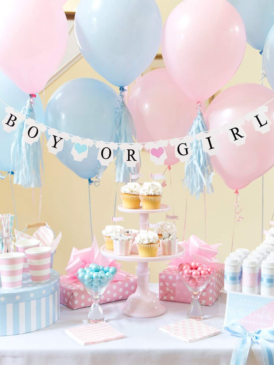 1pc Gender Reveal Flag With Blue & Pink Heart Shape, For Baby Shower Birthday Party Decorations, White