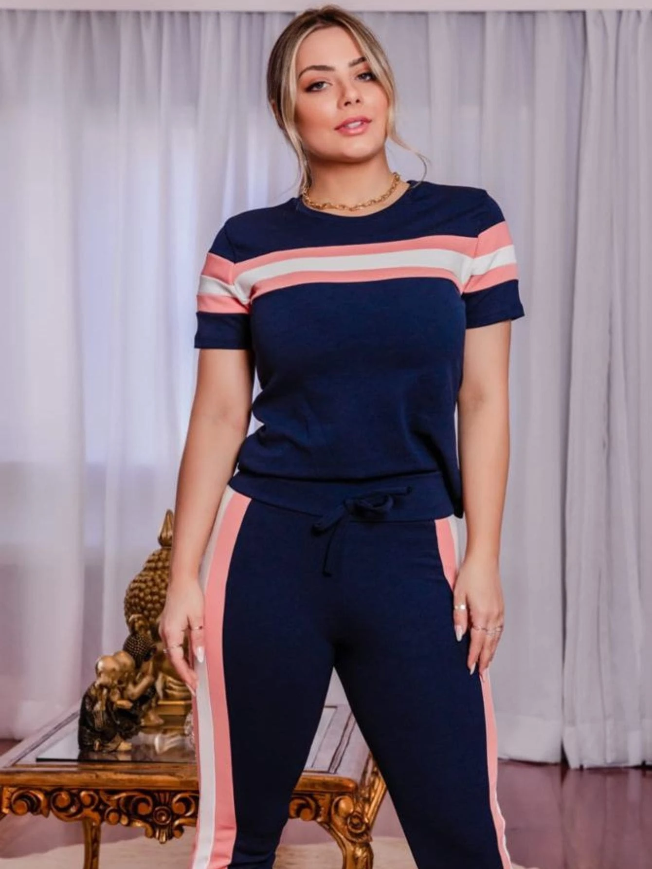 Conjunto Com Faixa Modeladora marinho com rose Dondoka