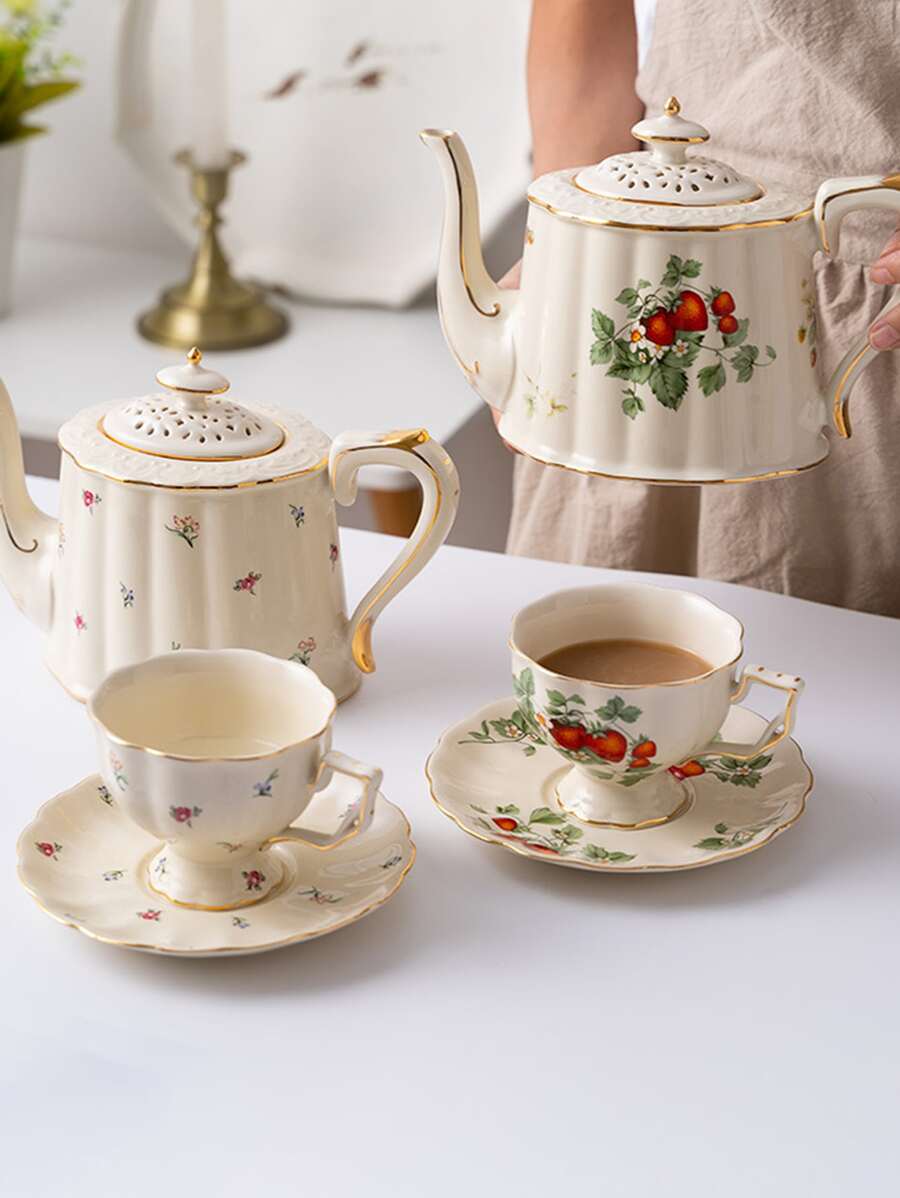 2pcs/set 220ml European Style Vintage Floral Ceramic Cup & Saucer Set, Golden Rim Large Tea Cup, For Home, Restaurant, Coffee & Tea Time