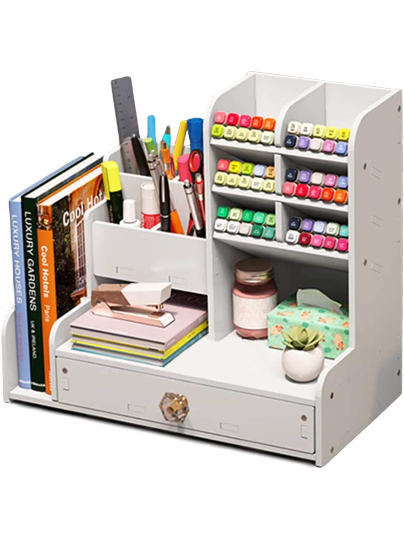Organizador de escritorio con cajón blanco de alta capacidad, porta lápices para oficina, escuela y hogar. De vuelta a la escuela