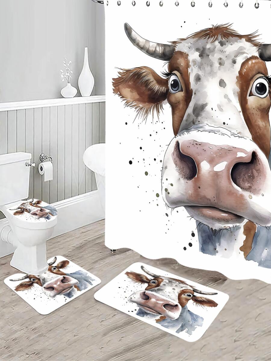 1pc Digital Printed Cow Pattern Shower Curtain Or Bath Mat