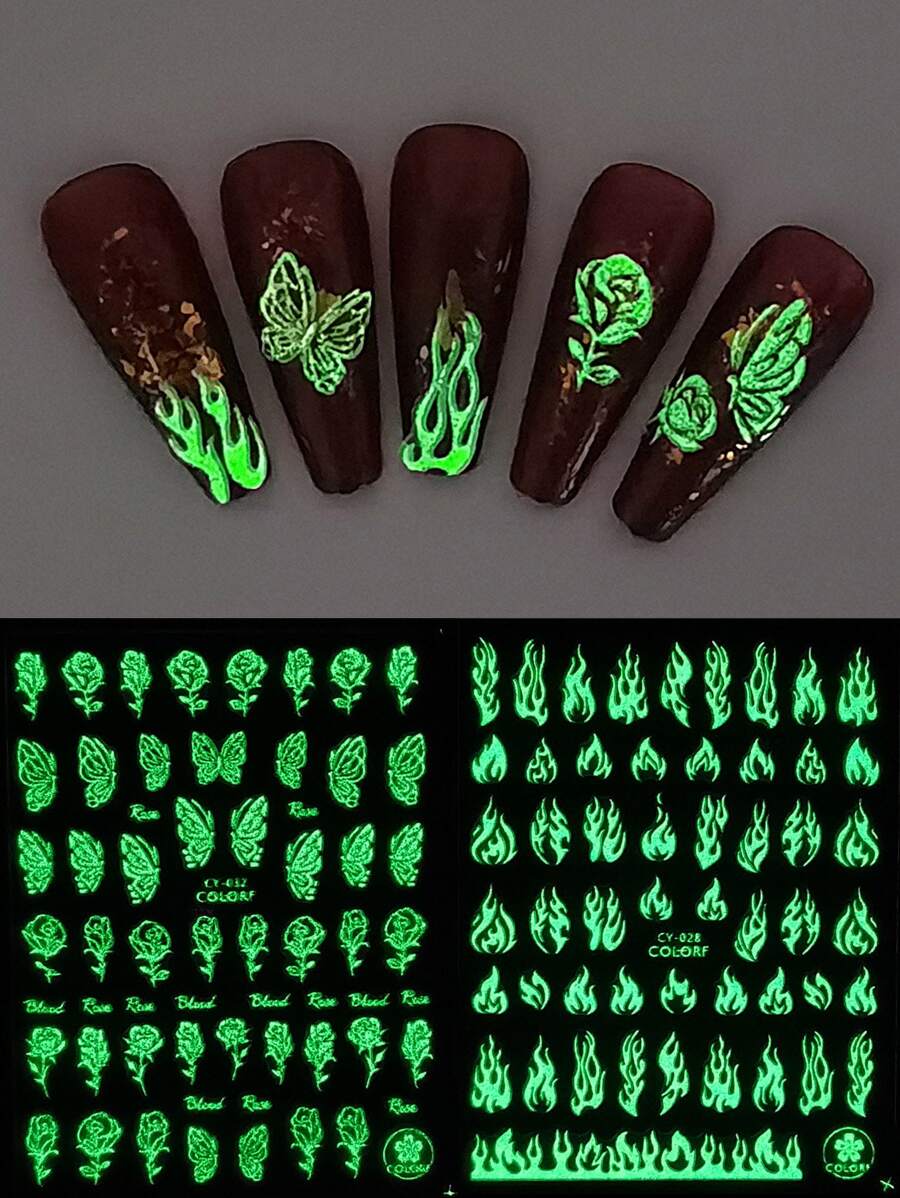 2sheets Fire & Butterfly Print Luminous Nail Art Sticker Y2K-Style Nail Art Decals Nail Stickers DIY