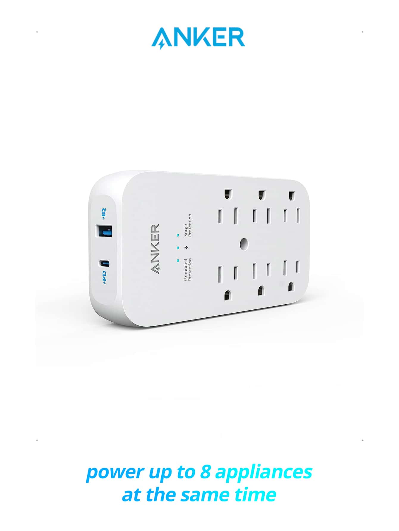 Anker Outlet Extender and USB Wall Charger, 6 Outlets and 2 USB Ports, 20W USB C Power Delivery High-Speed Charging iPhone 12/ iPhone 12 Pro, Multi-Plug for College Dorm Rooms, Home, and Office