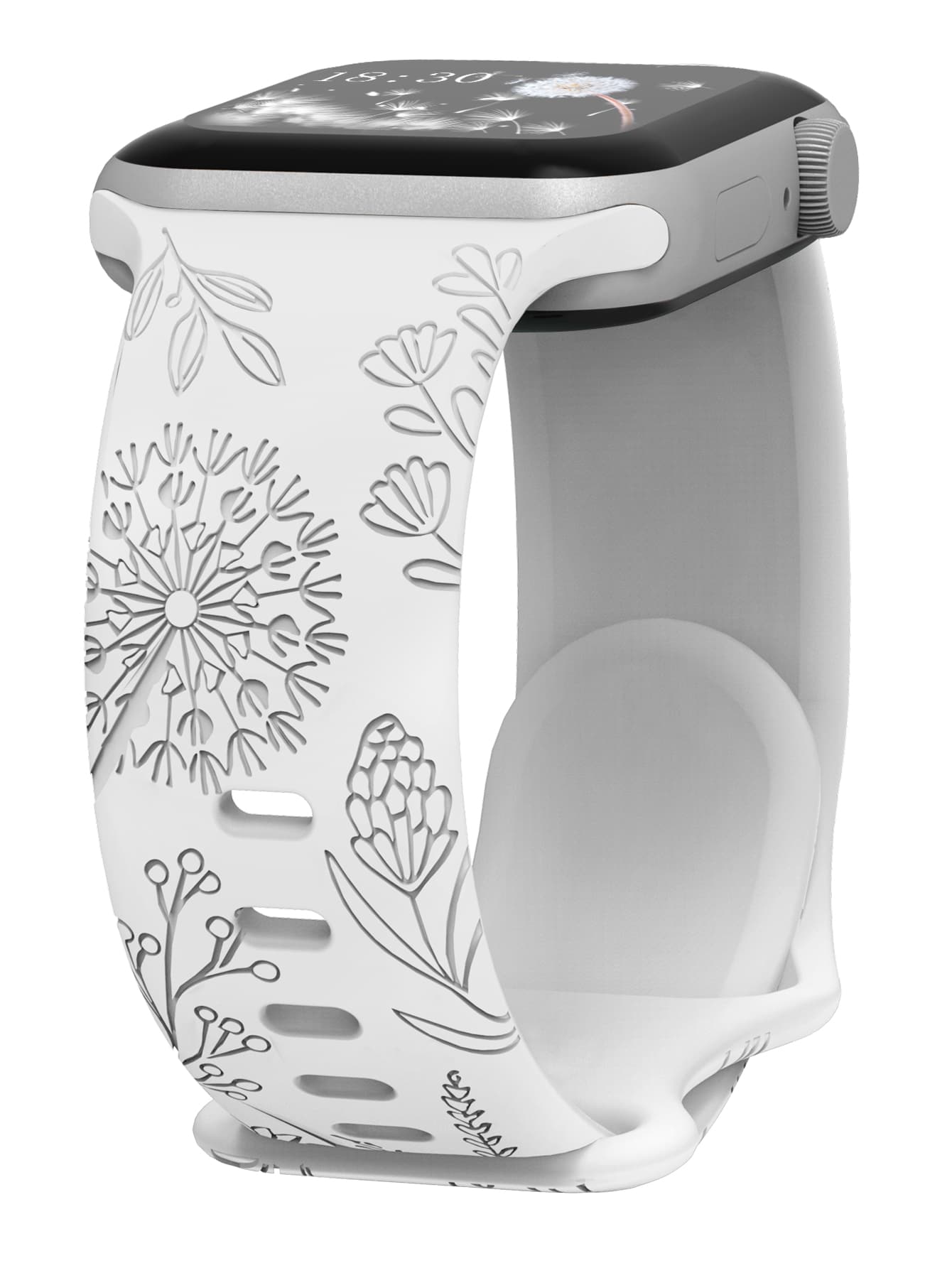 1 pieza Banda de silicona grabada con flor de diente de león blanca compatible con la correa del Apple Watch, correa del Apple Watch, banda del Apple Watch, correa del Apple Watch, correa de 38 mm, 40 mm, 41 mm, 42 mm, 44 mm, 45 mm, 49 mm, con diseño de flores silvestres y flores para mujeres, correa deportiva suave de Apple Watch, correa del Apple Watch, banda del Apple Watch, correa del Apple Watch, correa de repuesto compatible con las series Ultra 9 8 7 6 5 4 3 2 1, regalo de San Valentín