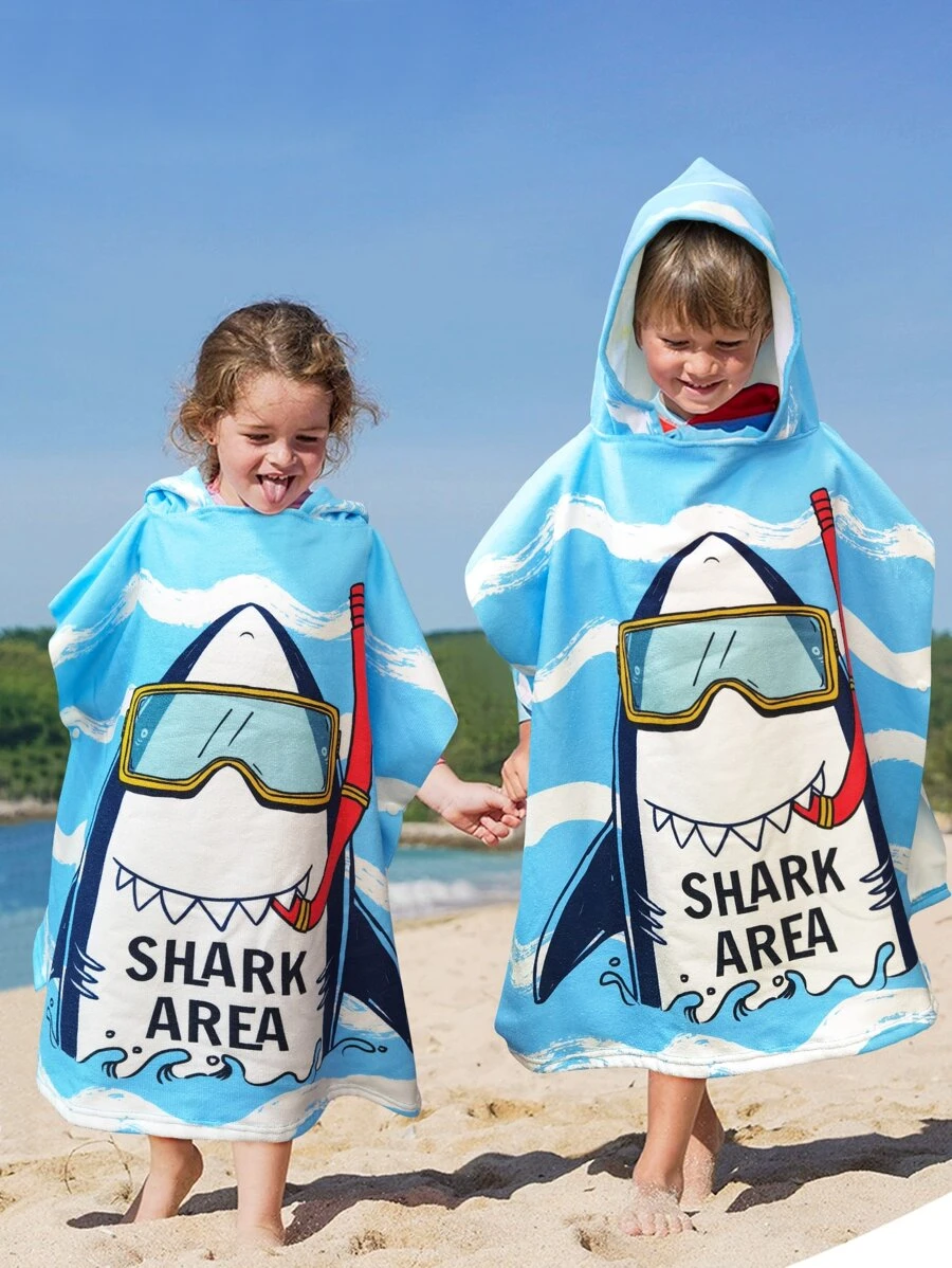 1 pieza de Toalla de baño con capucha y botones para niños con estampado de tiburón en fibras ultrafinas, absorción de agua y calor para natación, playa y surf
