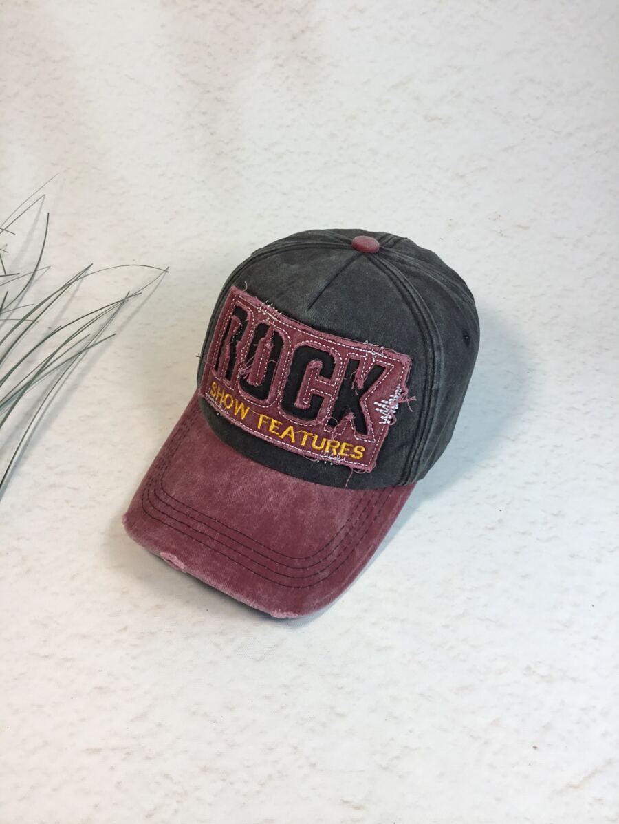 1pc Men's Color-Blocking Distressed Vintage Denim Baseball Cap With Hollow Out Embroidered Letter Rock Baseball Cap, Sunscreen And Autumn Winter Hat, Suitable For Daily Travel Street Fashion, Outdoor Sports, Cycling, Mountain Climbing, Tourism And Vacation.