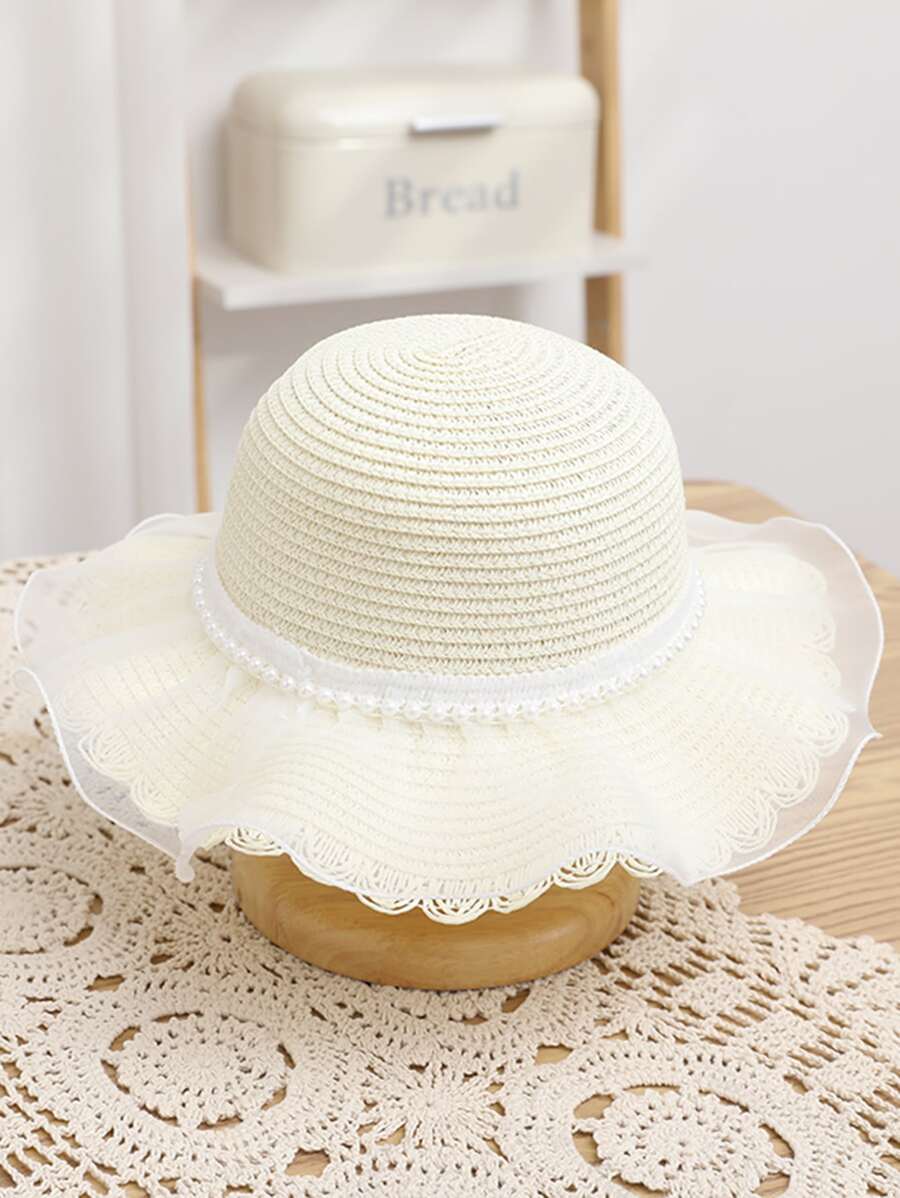 1pc Girls' Cute Princess Pearl Mermaid Tail Straw Sun Hat, Breathable Sunscreen Beach Hat, Suitable For Daily Wear