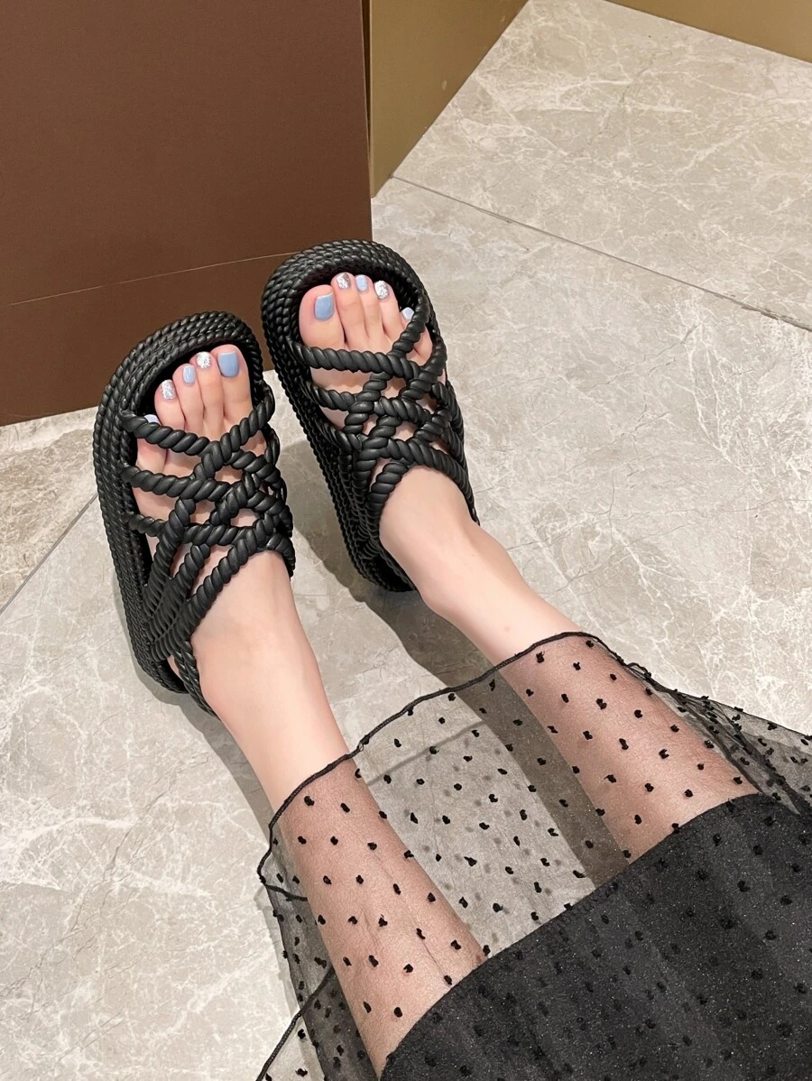 1 paire Sandales Espadrilles Pour Femme À La Mode Ajouré Avec Tressé Paille Corde , Pour Plage