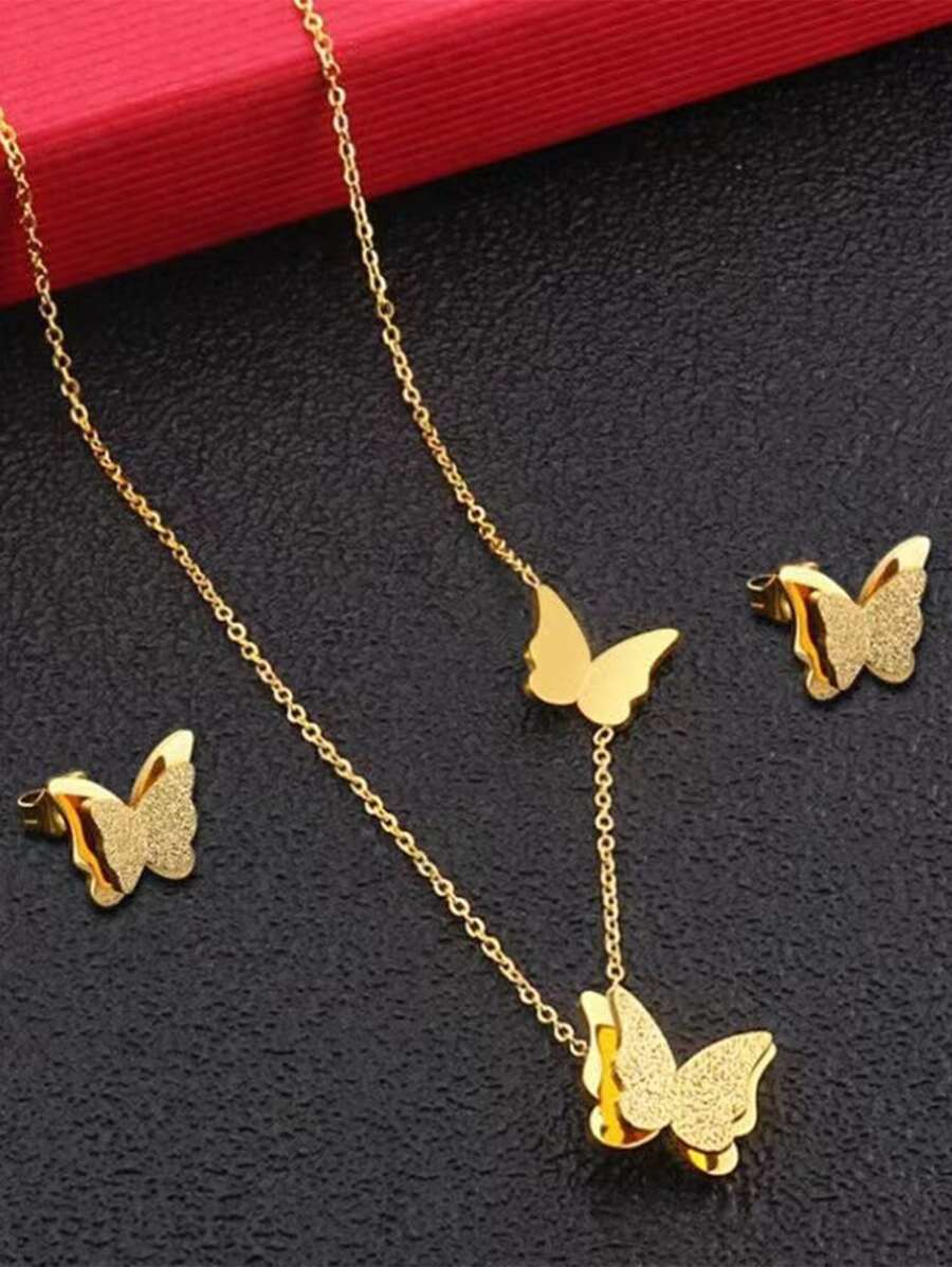 1 set Juego de collar y pendientes de acero inoxidable con diseño de mariposa, a prueba de agua y resistente a la decoloración, de estilo minimalista y elegante para uso diario