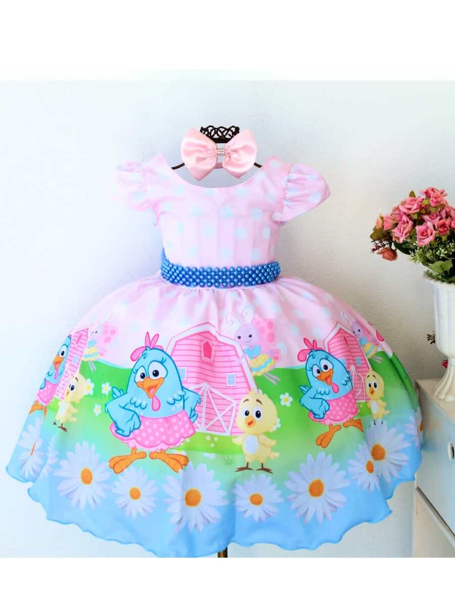 Vestido de Festa Temático Galinha Pintada Rosa Azul de Luxo e tiara