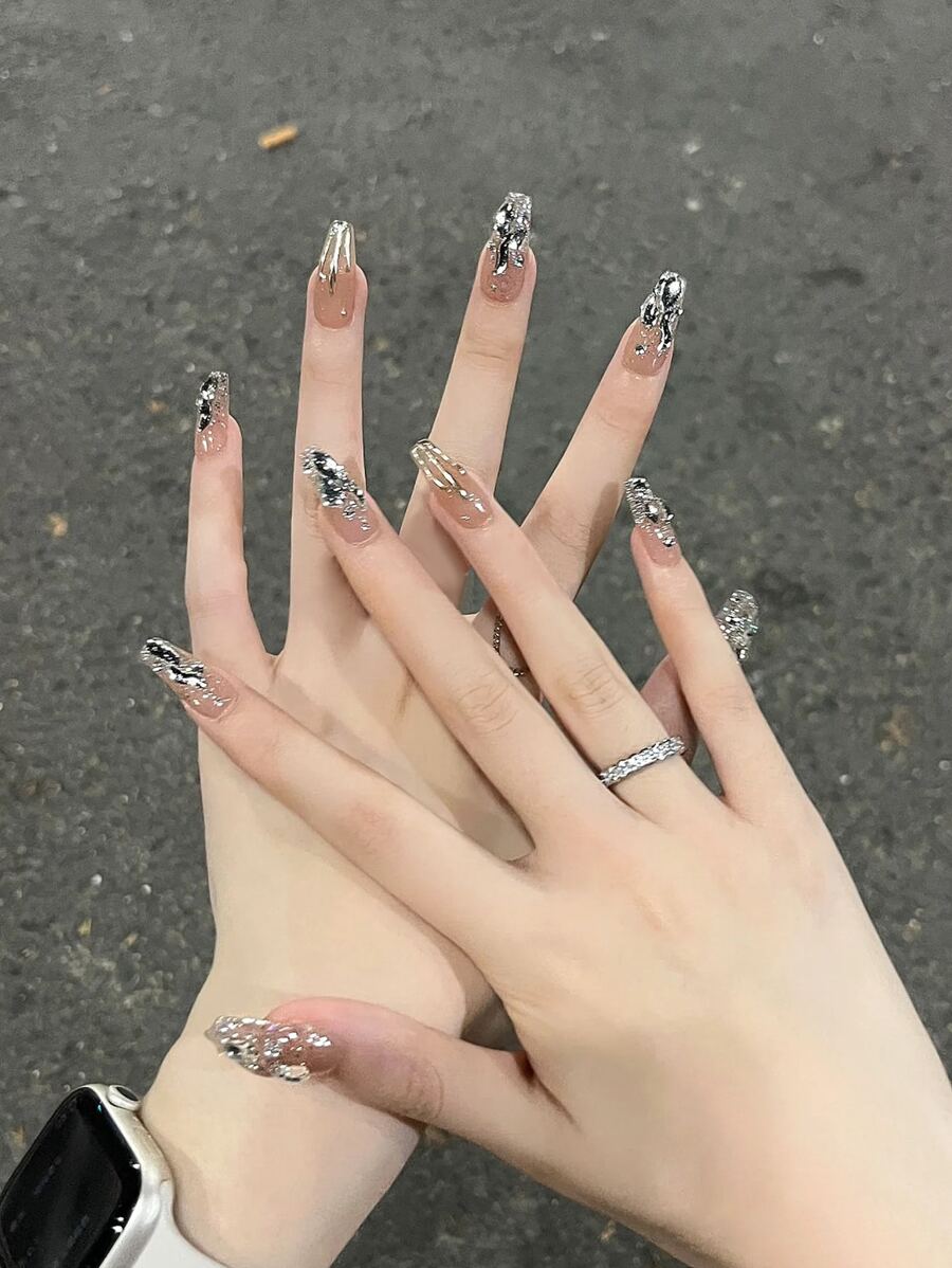 24 piezas/paquete de envolturas de uñas rosadas decorativas con pedrería, diseño desmontable, suministros de uñas de estilo blanco para uñas presionadas larga duración uñas falsas uña falsa uña acrílica