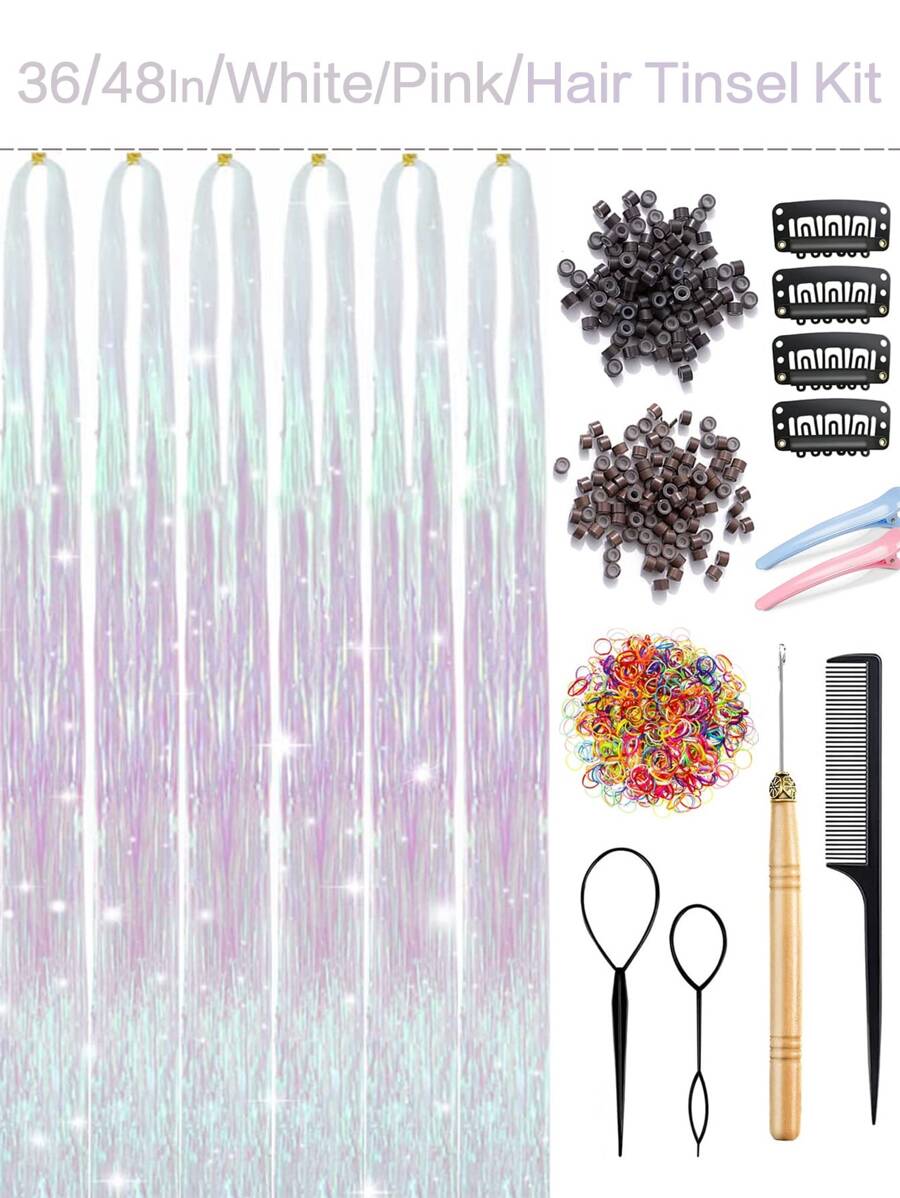 6pcs White Pink Hair Tinsel Kit With Tool, Fairy Hair Glitter Hair Extensions,Sparkling Shiny Hair Tinsel Tensile Hair Extensions For Women Girls