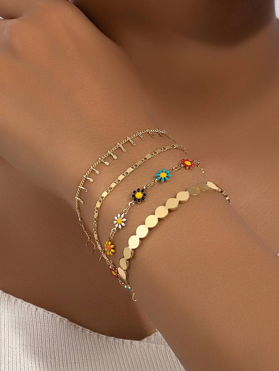 4 Pcs Cooper Chain Enameled Daisy Flower Stacked Bracelet Cuff Bangle Set For Women Valentines,Mom,Mother,Mother's Day,Gift
