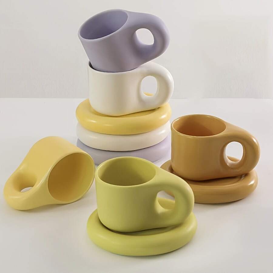 1set Ceramic Coffee Mug Saucer Set, Creative Cute Fat Handle Cup With Saucer For Office And Home, Dishwasher And Microwave Safe, 10 Oz For Latte Tea Milk