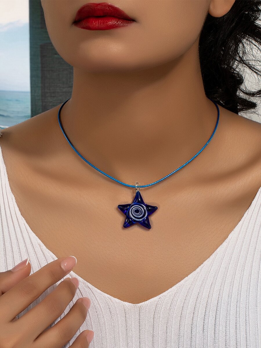 1pc Handmade Swirl Glass Star Pendant Cord Necklace For Women - Summer Jewelry (Shape And Color Are Random)