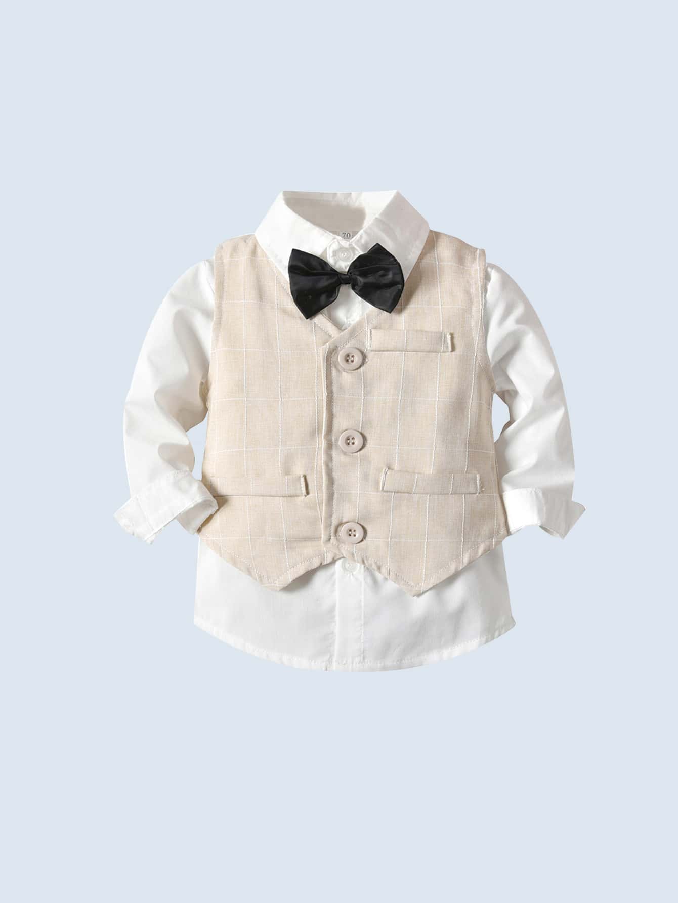 Conjunto de 3 peças para meninos, camisa branca de manga comprida com gravata borboleta, colete xadrez e calças, adequado para festa de aniversário, festa à noite, casamento, batizado, primeiro aniversário