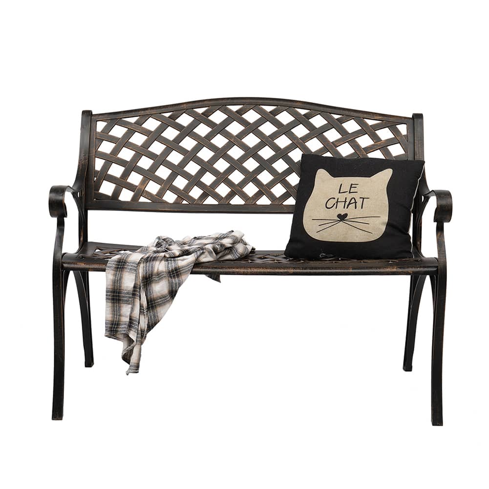 40.5" Outdoor Cast Aluminum Bench With Mesh Backrest Heavy Duty Rust Free For Front Porch Backyard Lawn Garden Pool Deck