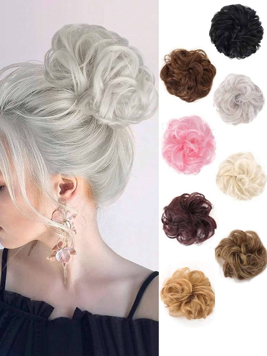 Messy Bun Hair Curls Synthetic Wavy Bun Ponytail Hair Extensions Thick Updo Bun Women Girls 6 Inch, Pale Grayish Brown And Bleached Blonde Suitable For Various Occasions Including Music Festivals, Parties, Cosplayholidays And All Seasons