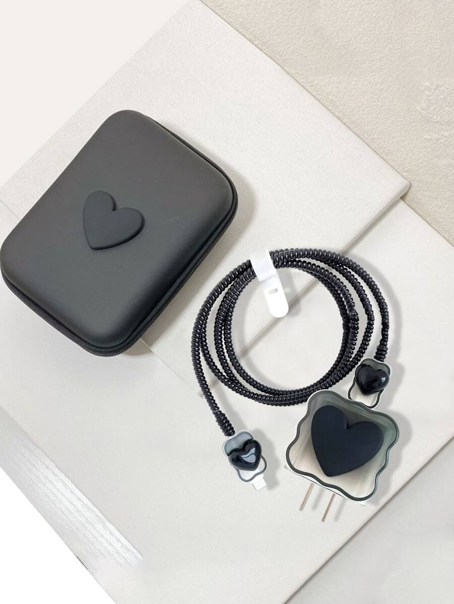 6pcs/Set Eva Data Cable Storage Bag + Heart Shaped 1.5m Winder Fixed Anti-Break Data Cable Tpu Charging Head Protector Compatible With Apple Phone 20w Fast Charging Data Cable Cable Protector, Charger Protector