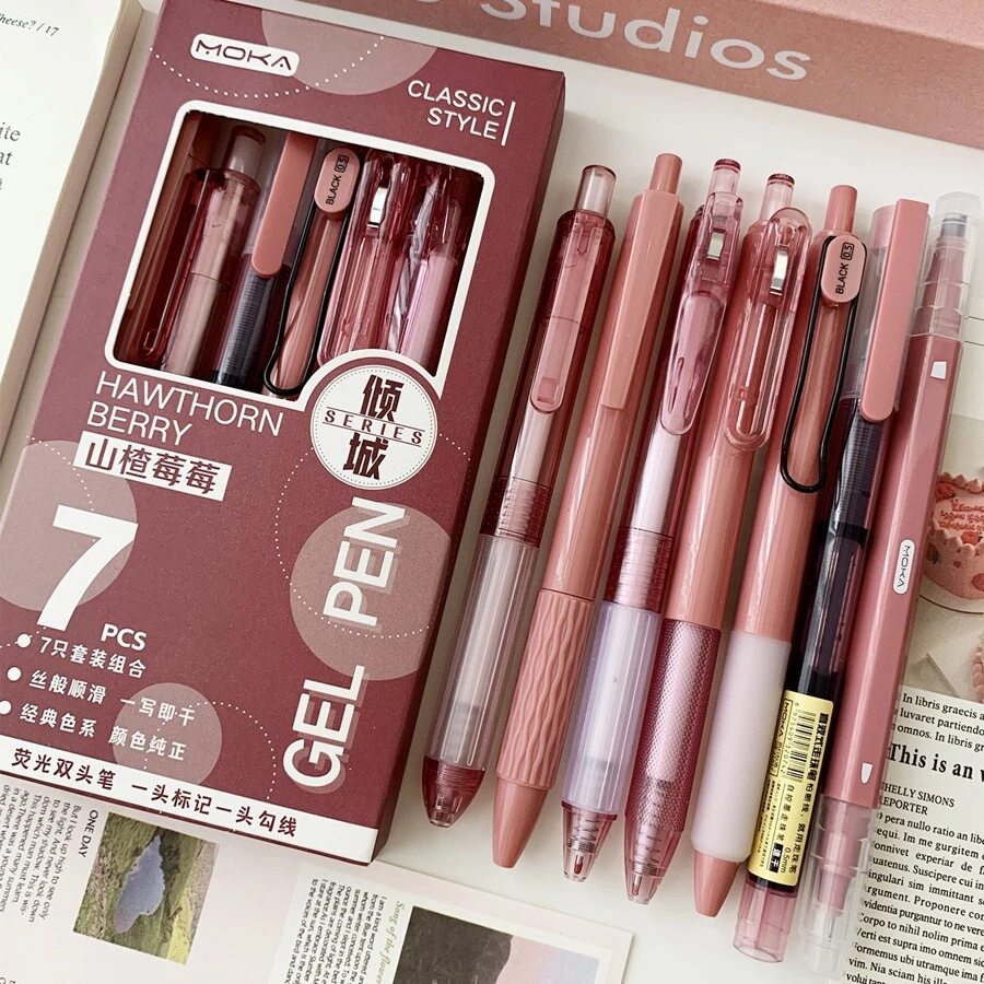 7pcs/Set St-Tip Push Pen & Liquid Pen Combination School Stationery Set For Quick Drying And Brush Writing, Black Back To School